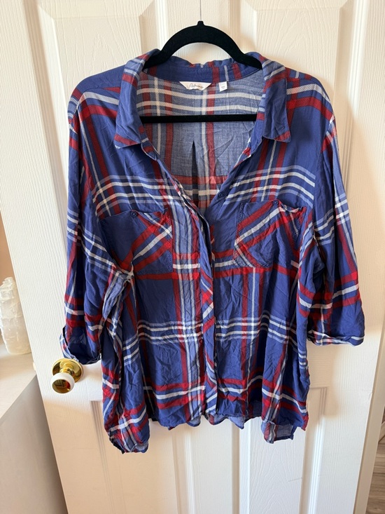 Reitmans Tops - Reitmans Blue Plaid Button-Down Shirt with Red & White Stripes